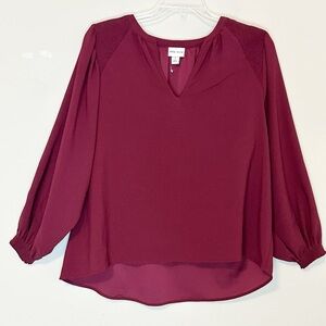 Ava & Viv Burgundy V-Neck Smocked Blouse with Cuffs - size X/XL (16)